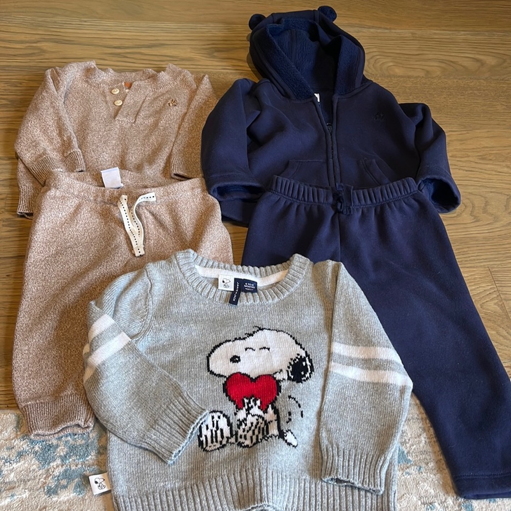 Two baby gap sweater/sweatsuit sets and Janie and Jack sweater. 6-12M.